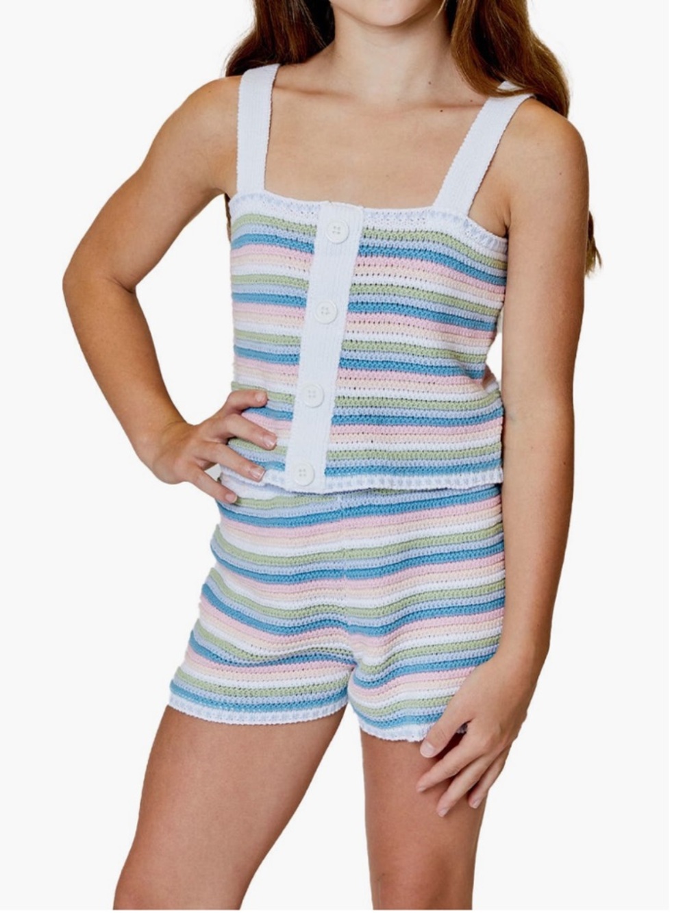 Design History Girls Pastel Stripe Crochet Knit Shorts Tank Set Pink Blue Small